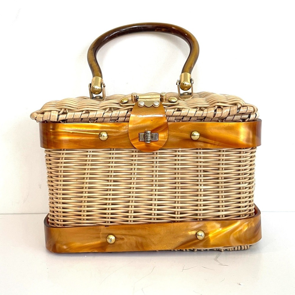 Vintage Wicker Rattan Box Purse Amber Lucite Trim Mid Century Marbled handbag